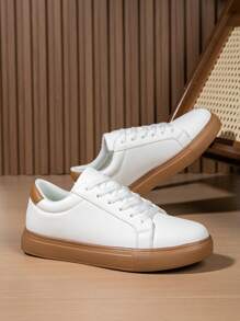 1 Pair Men's Premium Solid Color Leather Casual Shoes, Minimalist White Splicing Upper Outdoor Daily Unisex Sneakers, Plus Size - Brown - View 2