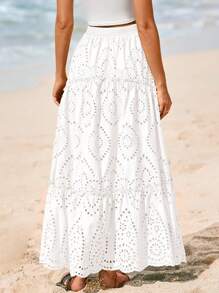 Women's Casual Lace Embroidery Eyelet Elastic High Waist Tiered A-Line Flowy Long Skirt Summer Boho Bohemian Beach Spring Holiday Vacation Going Out Valentine Long Maxi Skirt Outfits - trắng - Xem 2