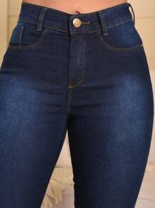 Women's Flare Jeans High Waist Butt Lifting Pants - CasualelegantBohoJeansButtonZipper - 藏蓝色 - 查看 8