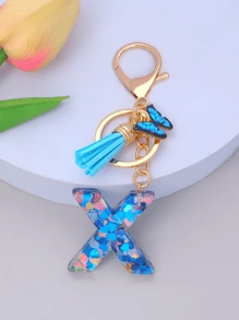 1pc Women's Initial Letter Black Butterfly Glitter Crystal Resin Epoxy Keychain With Butterfly Tassel Decor