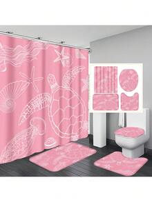 1pc/4pcs Ocean Creatures Multifunctional Bathroom Decoration Set: Waterproof Shower Curtain With 12 Hooks, Anti-Slip Bath Mat, U-Shape Floor Mat, And Round Toilet Seat Cover - Comprehensive Bathroom Solution Bathroom Accessories Back To School