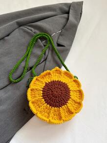 [Finished Product] Reversible Sunflower Print Handmade Crochet Woven Crossbody Bag, Knitted Purse, Key & Coin Pouch - Yellow - View 2