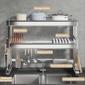 Organizador de cocina de acero inoxidable - Estante multifuncional para el fregadero, con bandeja para lavar, almacenamiento de cuchillos y condimentos, diseño de una o dos capas, adecuado para estante de encimera y gabinete de cocina