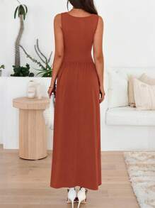 Women Sleeveless Maxi Dresses Crew Neck High Waisted Patchwork Ruched Tank Summer Dress With Pockets Beach Holiday Vacation Valentine