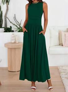 Women Sleeveless Maxi Dresses Crew Neck High Waisted Patchwork Ruched Tank Summer Dress With Pockets Beach Holiday Vacation Valentine - 深綠色 - 查看 3