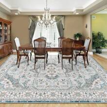 Alfombra vintage para sala de estar, lavable con medallón floral para dormitorio, de lana sintética, ultra suave, estilo retro, antideslizante, para cocina, oficina, comedor. - Azul - Ver 2