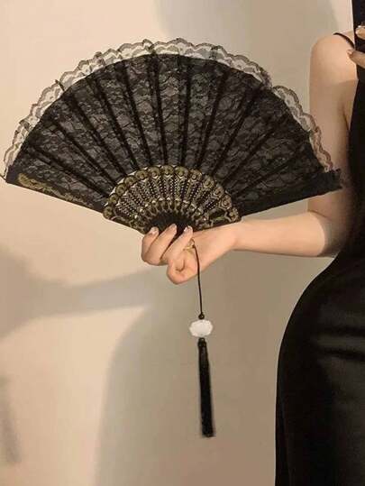 1pc Retro Black Lace Folding Fan, Chinese Style Hanfu Cheongsam Photography Prop With Tassel