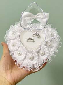 1 件装白色结婚戒指托枕头心形蕾丝玫瑰花水钻珍珠水晶盒适用于婚礼 - 彩色 - 查看 2