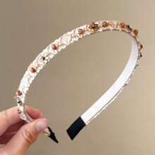 1pc Boho Linen Thin Headband With Wooden Beads And Gems, All Season Decor Headwrap,Hairband,Hair Hoop