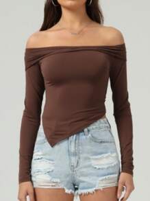 女士露肩紧身休闲长袖基本款 T 恤，适合春夏上衣 - 摩卡棕 - 查看 7