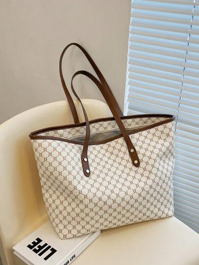 Geometric Pattern Studded Decor Shoulder Tote Bag Tote Bag For Women, PU Leather Shoulder Bag Women's Vintage Pattern Tote Bag, Large Capacity Shoulder Bag, Stylish Bag For Work, Fashionable Business Casual Bag For Women, Perfect For Office, Business And Work, School Bag, Portable, Large Capacity, For Teen Girls Women College Students, Perfect For Office, College, Middle School, High School, Work, Business, Commute, Office, Fashionable Tote Bag With Zipper