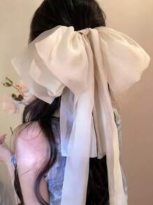 1pc Elegant Bow Decor Spring Clip Ponytail Tie, Long Ribbon Hair Accessories, School Stuff, College, Bows, Cute