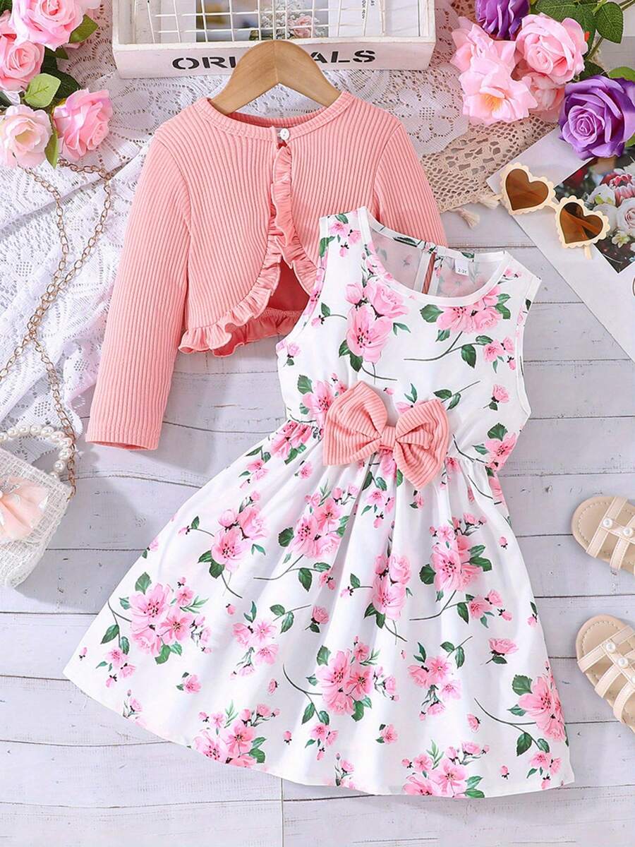 Toddler Little Girls Dress And Cardigan Sets Bow Floral Sleeveless Dress + Long Sleeve Ruffle Shrug 2 Piece Outfit - 粉色 - 查看 1