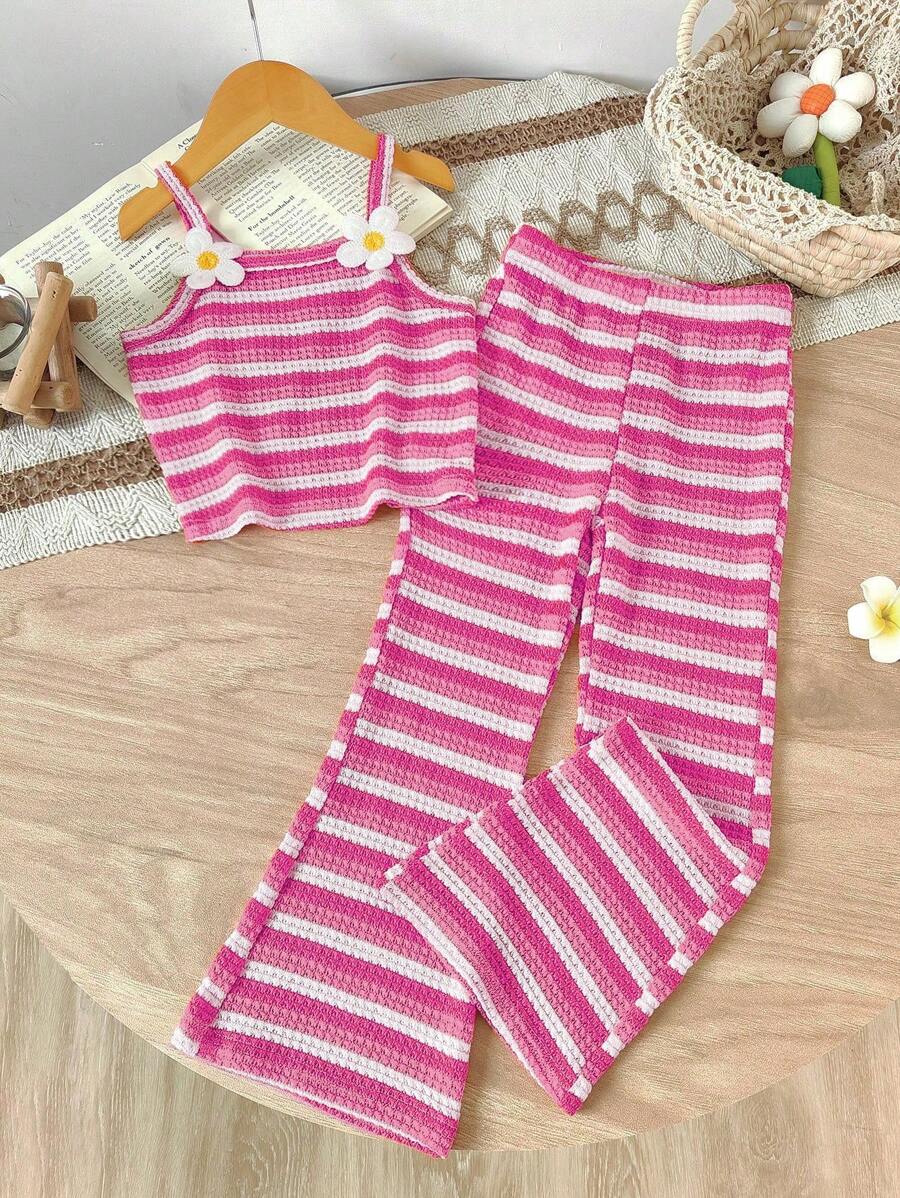 2 件年轻女孩时尚休闲吊带上衣和条纹喇叭裤套装，适合日常穿着，夏季 - 玫紅色 - 查看 1