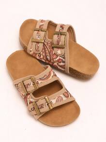 1 Pair Kids Paisley Patterned Sandals, Fabric & Cork - Synthetic Leather Material, Comfortable & Breathable, Open Toe, Dual Strap With Metal Buckle, Flat Heel, Bohemian Style, Suitable For Daily Wear And Summer Outings - Khaki - View 3