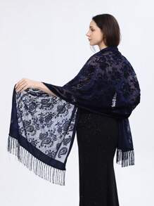 1pc Women's Knit Solid Color Paisley Floral Handmade Floral Lace Fringe Scarf, Fashion Soft Warm Shawl Wrap For Party, Versatile All Season - Lace Cashew - View 7