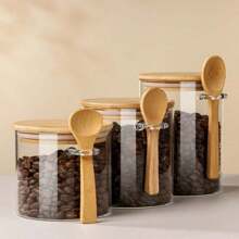 1pc 17oz Sealed Glass Jar With Bamboo Lid And Spoon - Reusable, Dishwasher Friendly Canister For Sugar, Coffee, Spices Etc. - Round Design For Easy Access