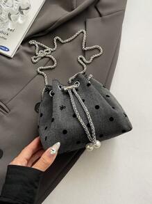 1pc Nylon Plain Drawstring Bucket Bag With Chain Strap, Fashion Pearl Shoulder Handbag For Women - Multicolor - View 7