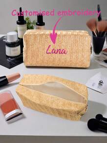 Customizable Embroidered Straw Bag, Lightweight, Casual, Minimalist, Large Capacity, Suitable For Girls, Female College Students, Office Workers, Back-To-School, Middle School, High School, University Students, Vacation, Fashionable Summer Holiday