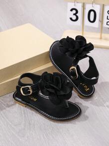 Toddler/Little Girls' 2025 Summer New Fashion Versatile Round Toe Thong Sandals With Large Flower, Flat, Anti-Slip For Beach & Home Wear
