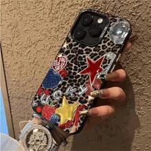 1 pieza Funda de teléfono personalizada con diseño de estrella leopardo IMD, compatible con iPhone 16 ProMax, 15/14 Plus, 13, 12, 11, cubierta de teléfono protectora única