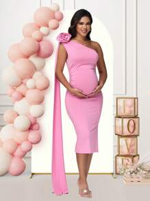 Maternity One Shoulder Floral Patch Baby Shower Midi Dress Floating Sleeves Party Women Gown - 淺粉色 - 查看 4