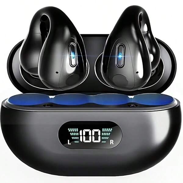 Fones de ouvido sem fio com clipe para orelha para o outono, fones de ouvido sem fio compatíveis com Bluetooth com estojo de carregamento com visor digital, fones de ouvido com design de orelha aberta para esportes, corrida, academia e escritório, fones de ouvido sem fio de 200 mAh