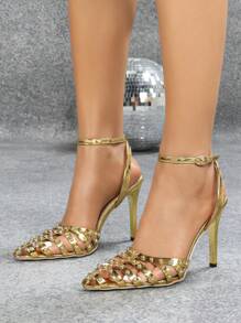 女士尖头铆钉装饰细高跟凉鞋，银色镂空踝带，2025 年夏季新品