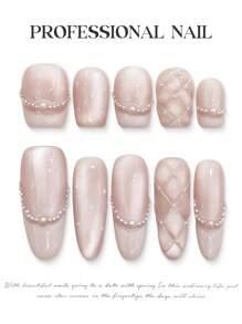 10pcs Rhombus French Pearl Pink Cat Eye Bow Handmade Nails Acrylic Press On Nails Spring Summer Nails Glitter Rhinestone Decoration Short Coffin/Extra Long Oval French Fake Nails Full Cover Nail Tips With Jelly Glue And Nail File, DIY Nail Art Supplies