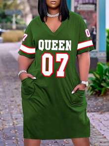 Summer Fashion Letter Print Loose V-Neck Dress - Army Green - View 2