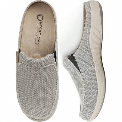 Mens Slippers With Arch Support, Canvas House Slipper Men With Velvet, Slip On Clog, Indoor Outdoor House Shoes With Anti-Skid Rubber Sole