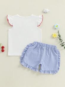 2Pcs Toddler Girl Summer Outfits Ruffle Sleeve Embroidery Tops + Plaid Shorts Set Kids Clothes