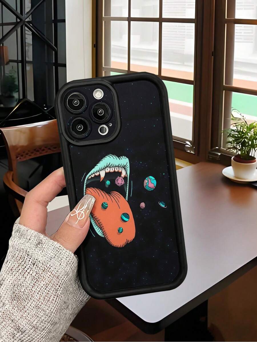 1 件简约多彩嘴巴星球图案黑色加厚防摔钢化玻璃手机保护壳适用于 Apple///Redmi/Infinix/Vivo