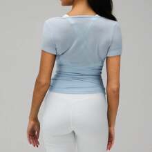 Womens Ballet Wrap Top Short Sleeve Tie Front Workout Cover Up Pilates Yoga Tops Deep V Neck Slim Fit Sports Active Tops Y2k Fairy Coquette Shirt Going Out - Màu xanh lam - Xem 2