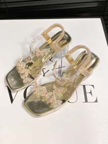 水钻蝴蝶夏季凉鞋新款女童儿童镶钻粗跟中跟仙女风格透明高跟鞋 - 金色 - 查看 7