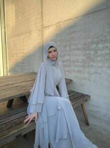 1 chiếc Abaya hai lớp bằng vải chiffon, màu trơn, kiểu dáng rộng rãi, thoải mái, phù hợp cho nữ cỡ lớn, kiểu áo cardigan mở, kín đáo cho lễ Eid mùa xuân. - Xám - Xem 2