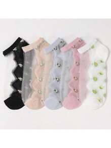 5 Pairs Women's Summer Crystal Mesh Socks, Lightweight Breathable Glass Crystal Socks With Embroidered Ditsy Floral Details, Machine Washable, Cute Invisible Boat Socks, Ladies Stockings And Socks