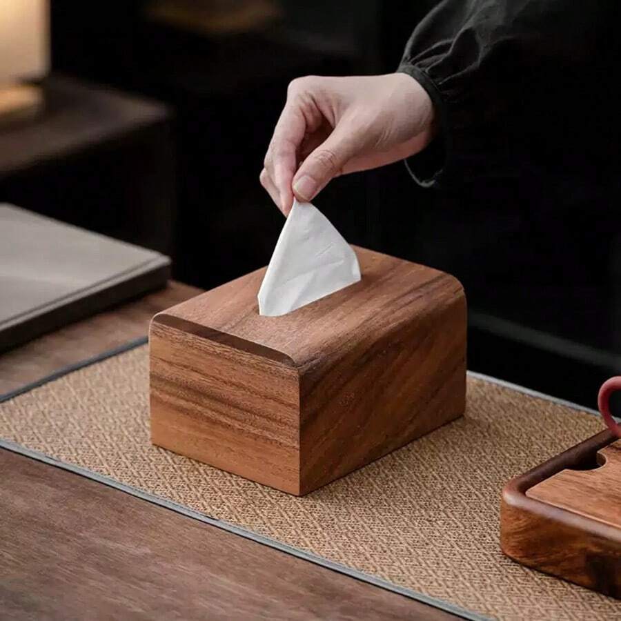 1 件胡桃木纸巾架盒,木制中式风格,适用于家庭办公室客厅家居浴室装饰浴室收纳盒夏季 - 棕色 - 查看 1