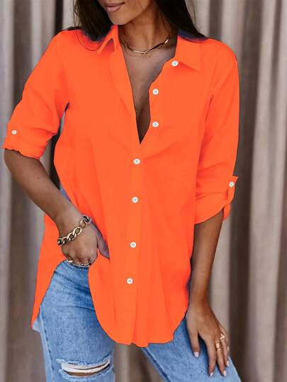 Långärmad tröja med enkel knapp för kvinnor i medellånga stil