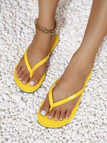 Women's Elegant & Comfortable Flip Flops, Casual Street Fashion Personalized Vacation, Yellow Plain Color Outside Wear Flat Slip On Thong Sandals Suitable For Spring/Summer, Beach