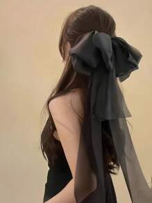 1pc Elegant Bow Decor Spring Clip Ponytail Tie, Long Ribbon Hair Accessories, School Stuff, College, Bows, Cute