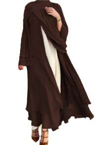 1pc Solid Color Loose Chiffon Muslim Abaya Open Cardigan, Elegant And Versatile Plus Size For Daily Wear,Modest - Grey - View 12