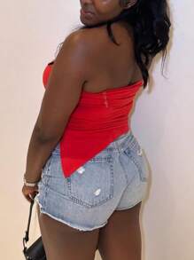 Women Plus Size Solid Color Asymmetric Hem Bodycon Tube Top - Red - View 2