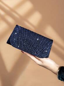 REMANLAND 迷人水钻装饰链条肩带手提包，磁扣，优雅时尚派对包，适合女性生日派对，迷人晚装单肩包 - 藏蓝色 - 查看 2