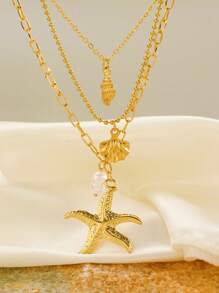 1 件时尚海洋风格三层珍珠、海星、贝壳吊坠项链、复古合金项链，适合女士 - 金色 - 查看 2