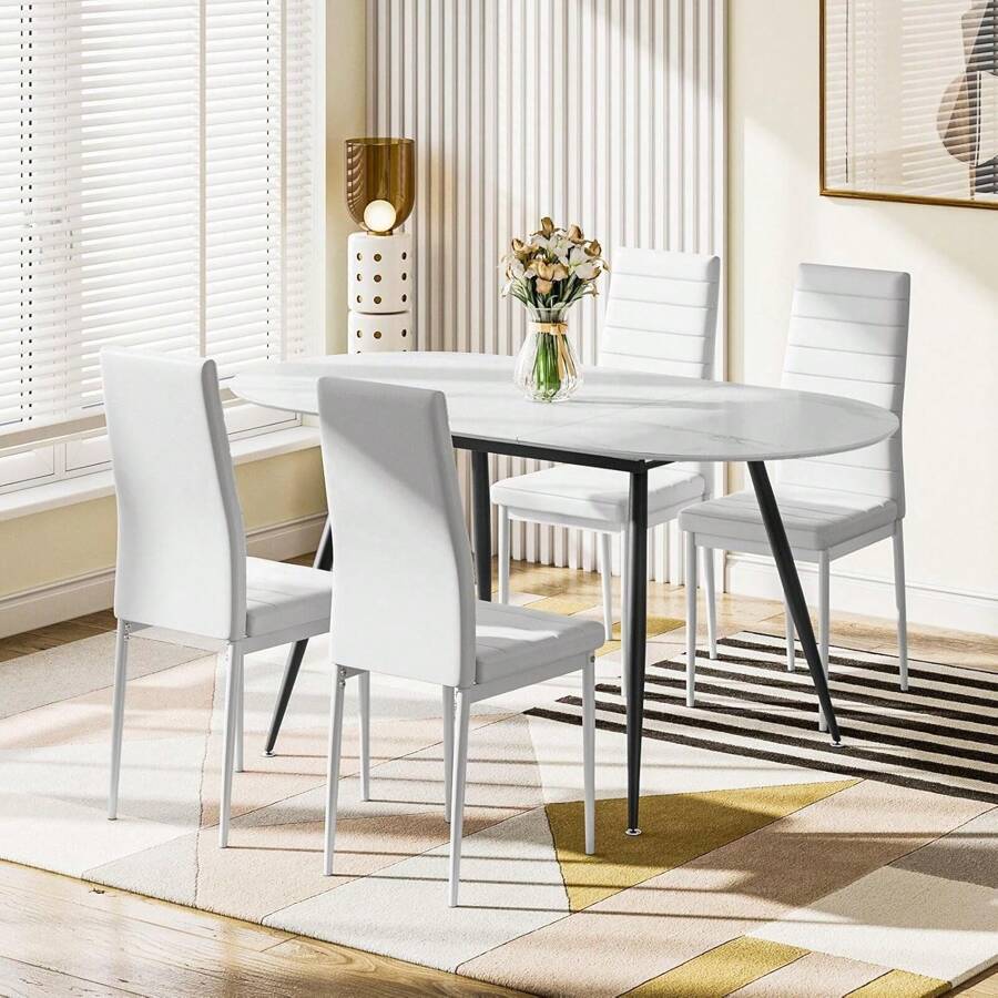 Extendable Dining Table And Chairs Set 4, 120-160cm Oval Concrete Effect With Upholstered PU Leather Chairs For Dining Room, Kitchen (Marble Effect Table + Pu White Chairs, Set Of 4) - 4 White Horizontal Chairs - View 1
