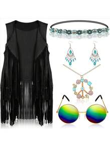 60、70年代嬉皮士风格女士服装套装，包括流苏背心、太阳镜、项链、耳环和发带。套装包含眼镜、发带、和平标志项链和耳环，适合圣诞派对装扮。 - 彩色 - 查看 22