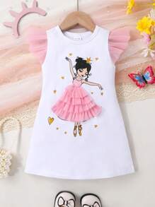 Vestido de niña pequeña para verano, con estampado de niñas de baile, parche de malla con volantes