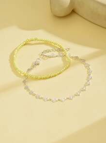2 pièces Versatile Alliage de cuivre à cœur creux & Perles Bracelet de cheville, Couleur aléatoire, Convient pour les femmes pour les tenues de casual et de plage