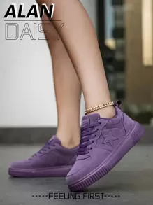 女士时尚紫色混合百搭休闲日常户外通勤运动鞋，简约设计系带舒适运动鞋 - 紫色 - 查看 4